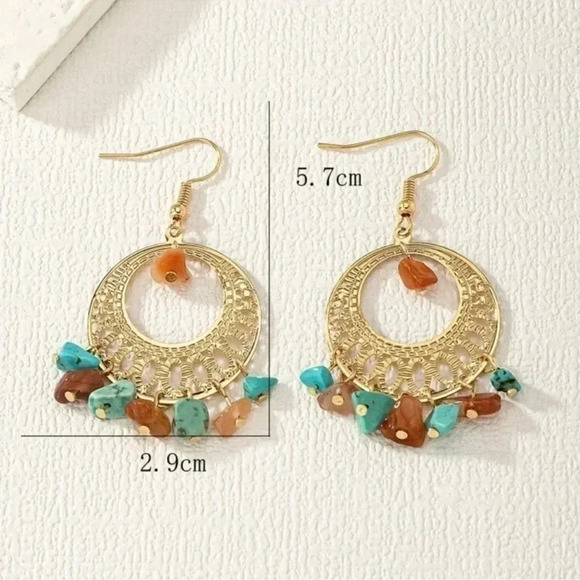 Gold Beaded Stone Turquoise Hoop Earrings - Picture 3 of 4